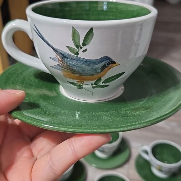 Vintage HTF Maja Mexico Pottery Cup & Saucers Hand Painted Birds - Green Trim - Picture 16 of 17